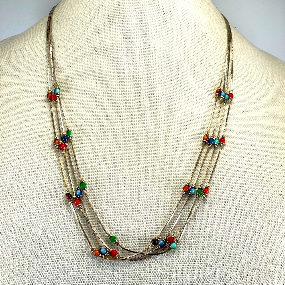 Vintage Korea Light Gold Tone Multi Layer Glass Beaded Necklace Flat Snake Chain